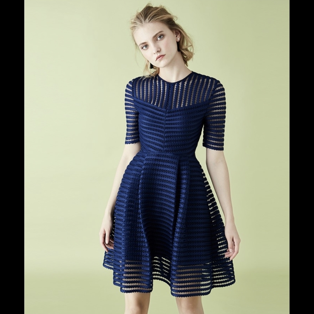 Navy blue cocktail dress crew neck A line. Brand new. Size S